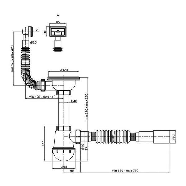 Sink trap for kitchen "euro" sink Polmark 1 1/2"x40 with corrugation 40x40/50 and rectangular overflow PM 40 SF 20 05