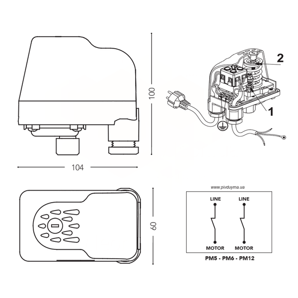 Mechanical relay with union nut 1/4&Prime;V (transparent housing, adjustment scale) PM/5 G-14SG 1-5 bar 16 A 230 V Italtecnica