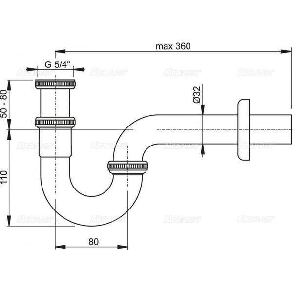 Sink trap (bidet) tubular Alcaplast A432 chrome outlet &Oslash;32 mm