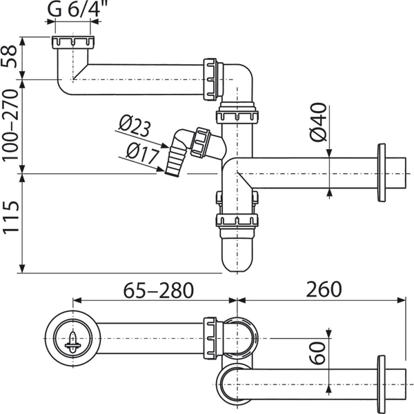 Sink trap for kitchen sink AlcaPlast A872P, space-saving with outlet under washing machine. without outlet with 6/4" nut