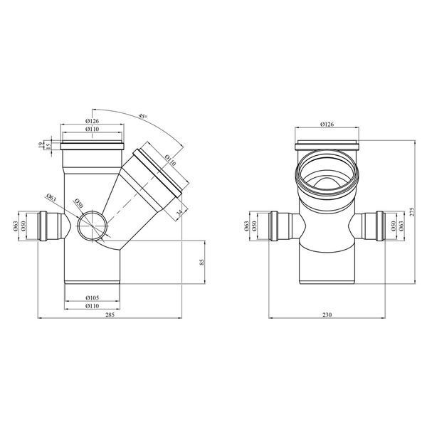 Internal crosspiece (three-plane) 110/110x45&deg; 50/50/50x90&deg;