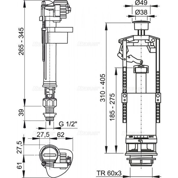 Set of fittings for the toilet tank Alcaplast SA2000S 1/2" CHROM (bottom inlet)